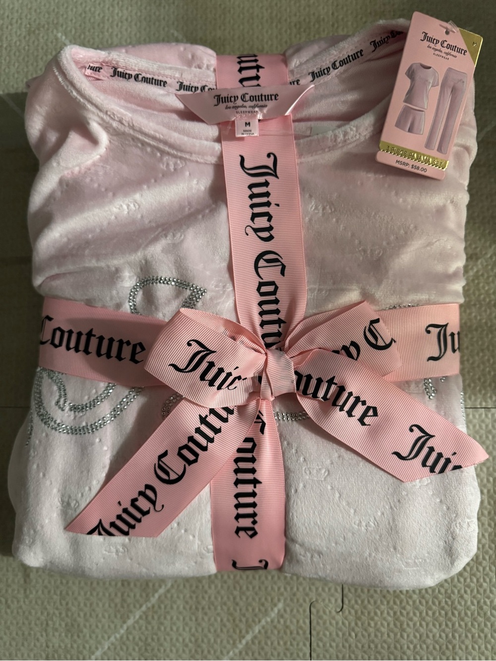 Juicy Couture Pink Velour Rhinestone Trim Pajama Set